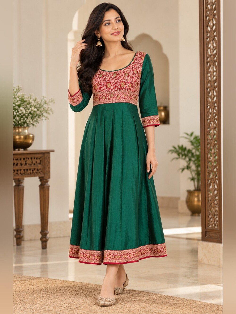 Green and Pink Embroidered Dress